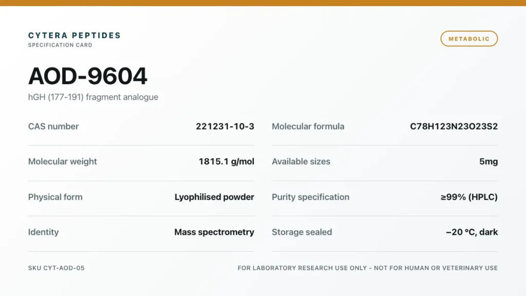 AOD 9604 Peptide specification card - CAS 221231-10-3, C78H123N23O23S2, 1815.1 g/mol