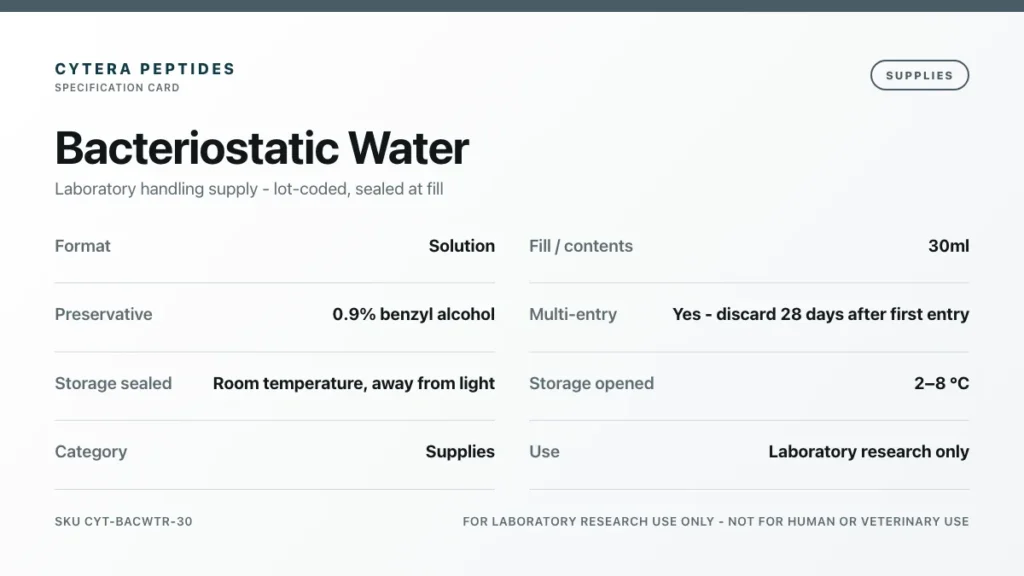 Bacteriostatic Water specification card - Cytera Peptides