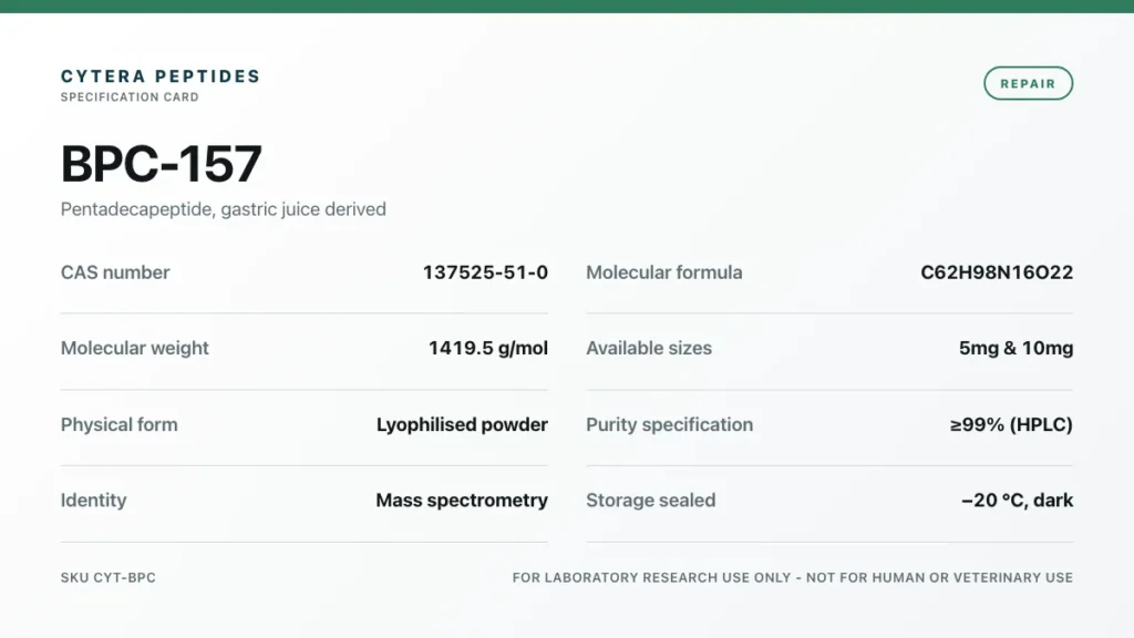 BPC 157 Peptide specification card - CAS 137525-51-0, C62H98N16O22, 1419.5 g/mol