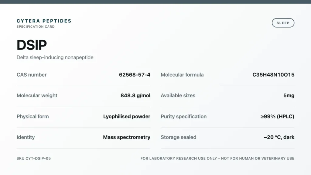 DSIP Peptide specification card - CAS 62568-57-4, C35H48N10O15, 848.8 g/mol