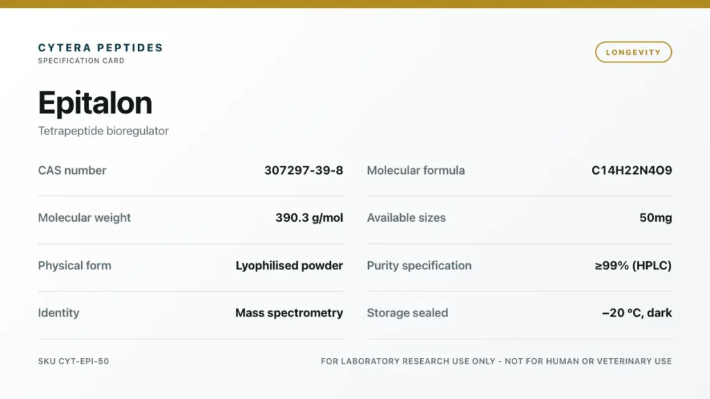 Epitalon Peptide specification card - CAS 307297-39-8, C14H22N4O9, 390.3 g/mol