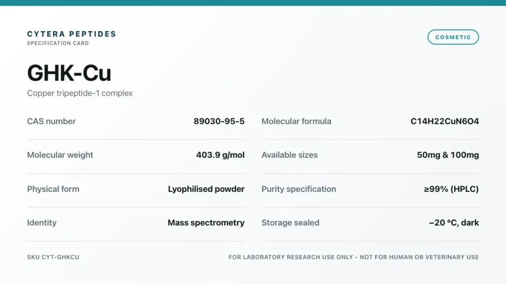 GHK Cu Peptide specification card - CAS 89030-95-5, C14H22CuN6O4, 403.9 g/mol