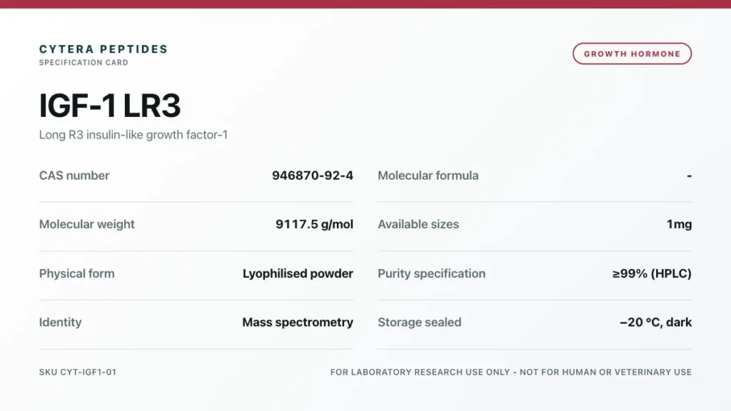 IGF-1 LR3 specification card - CAS 946870-92-4, -, 9117.5 g/mol