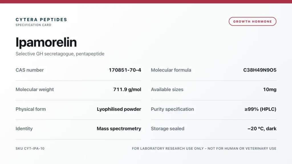 Ipamorelin Peptide specification card - CAS 170851-70-4, C38H49N9O5, 711.9 g/mol