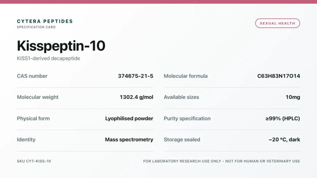 Kisspeptin specification card - CAS 374675-21-5, C63H83N17O14, 1302.4 g/mol