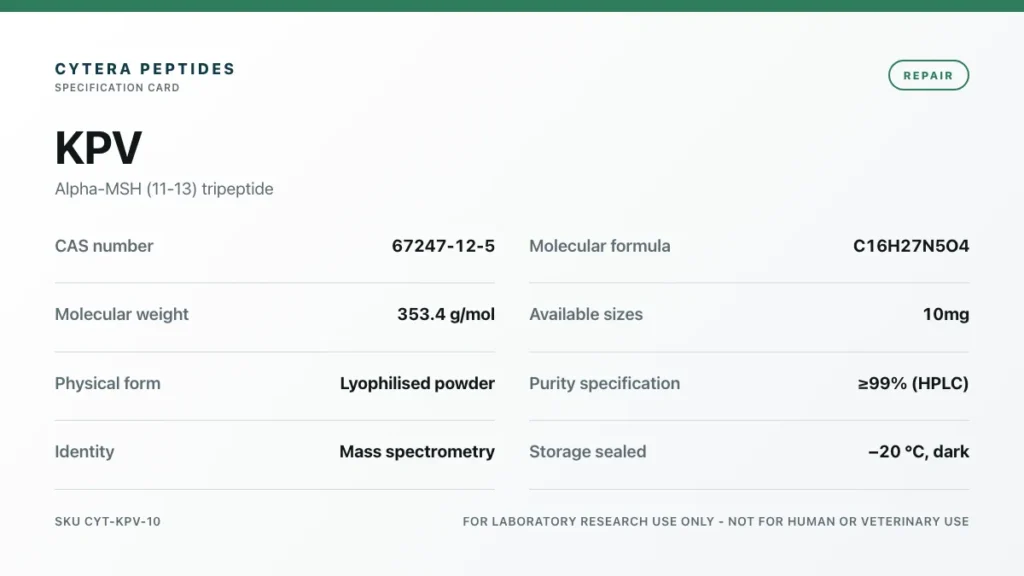 KPV Peptide specification card - CAS 67247-12-5, C16H27N5O4, 353.4 g/mol