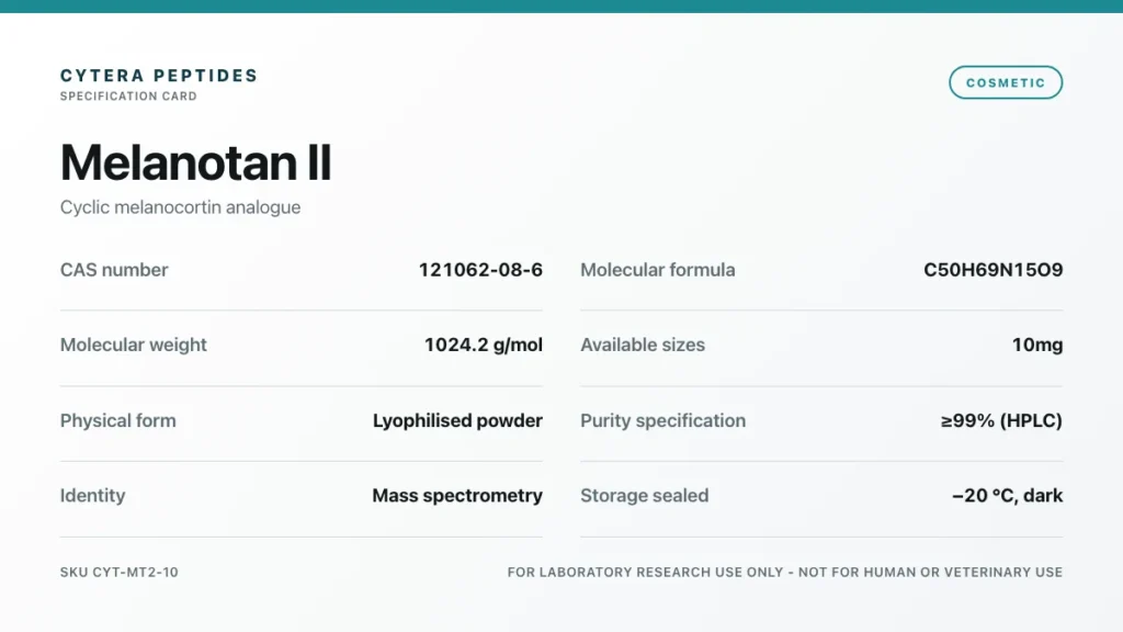 Melanotan 2 Peptide specification card - CAS 121062-08-6, C50H69N15O9, 1024.2 g/mol