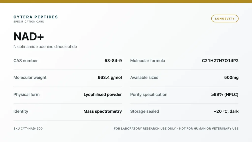 NAD+ Peptide specification card - CAS 53-84-9, C21H27N7O14P2, 663.4 g/mol