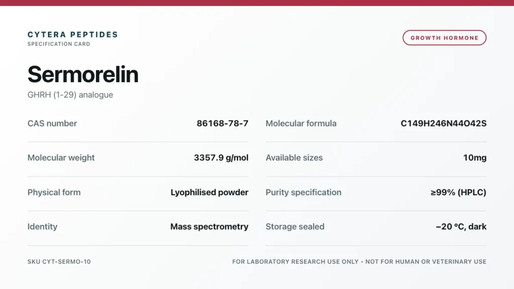 Sermorelin specification card - CAS 86168-78-7, C149H246N44O42S, 3357.9 g/mol