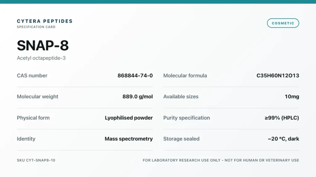 SNAP-8 specification card - CAS 868844-74-0, C35H60N12O13, 889.0 g/mol