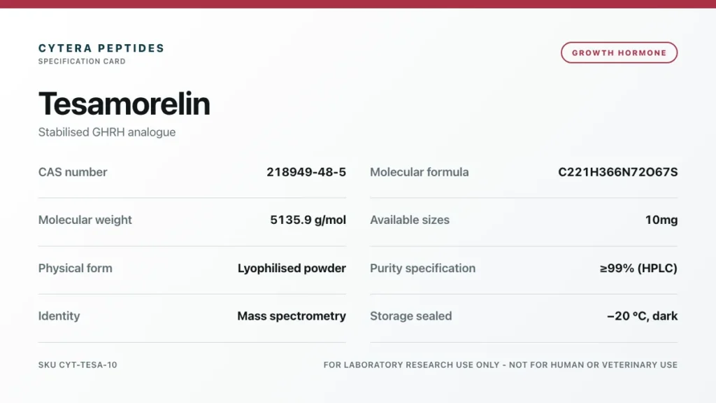 Tesamorelin Peptide specification card - CAS 218949-48-5, C221H366N72O67S, 5135.9 g/mol