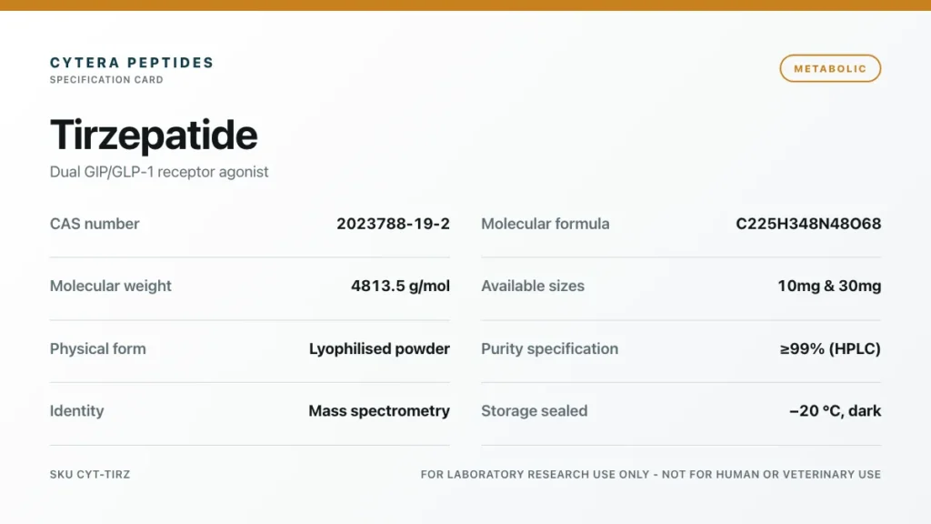 Tirzepatide Peptide specification card - CAS 2023788-19-2, C225H348N48O68, 4813.5 g/mol