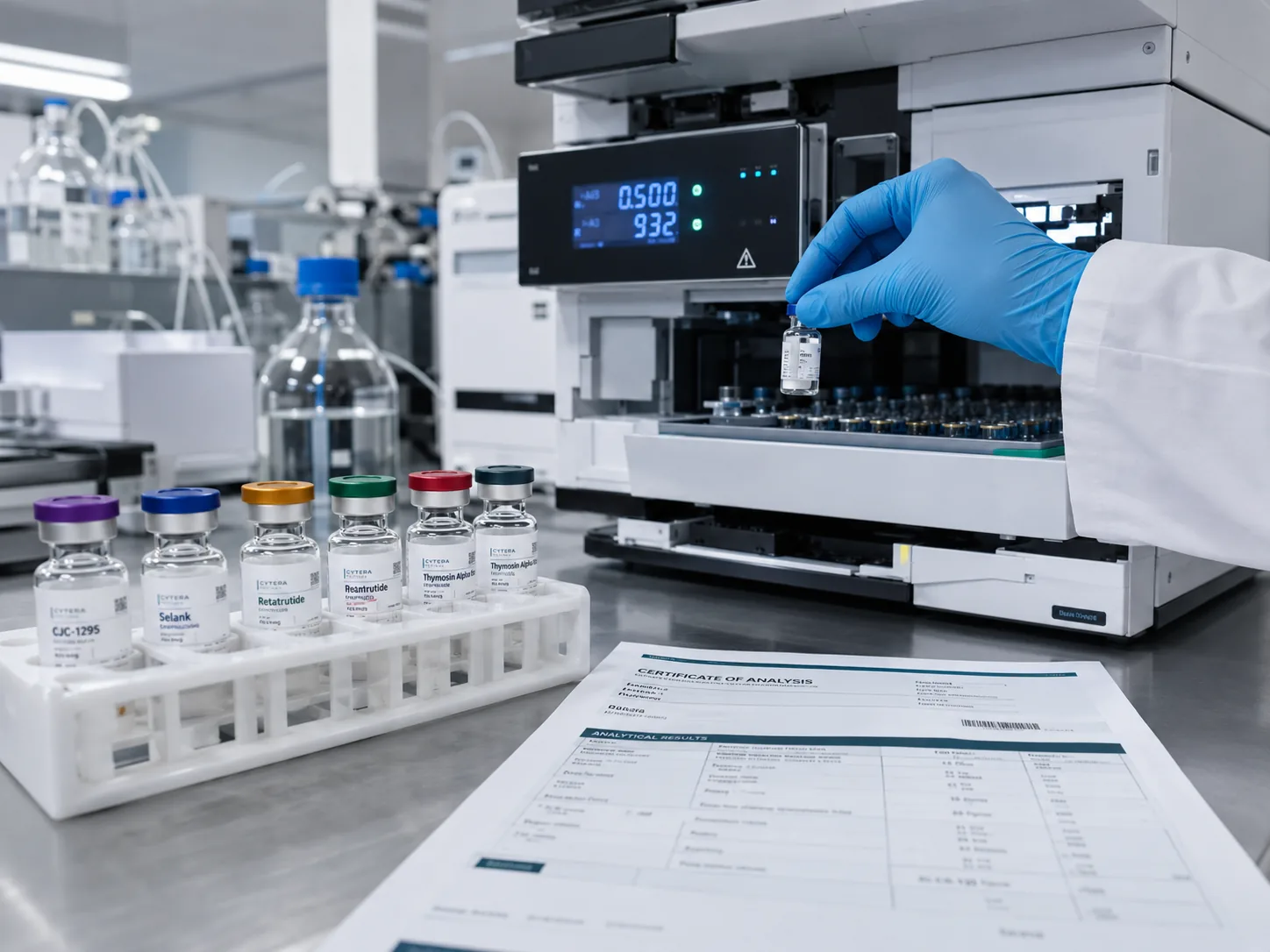 A sample vial being loaded into an HPLC instrument for independent purity analysis