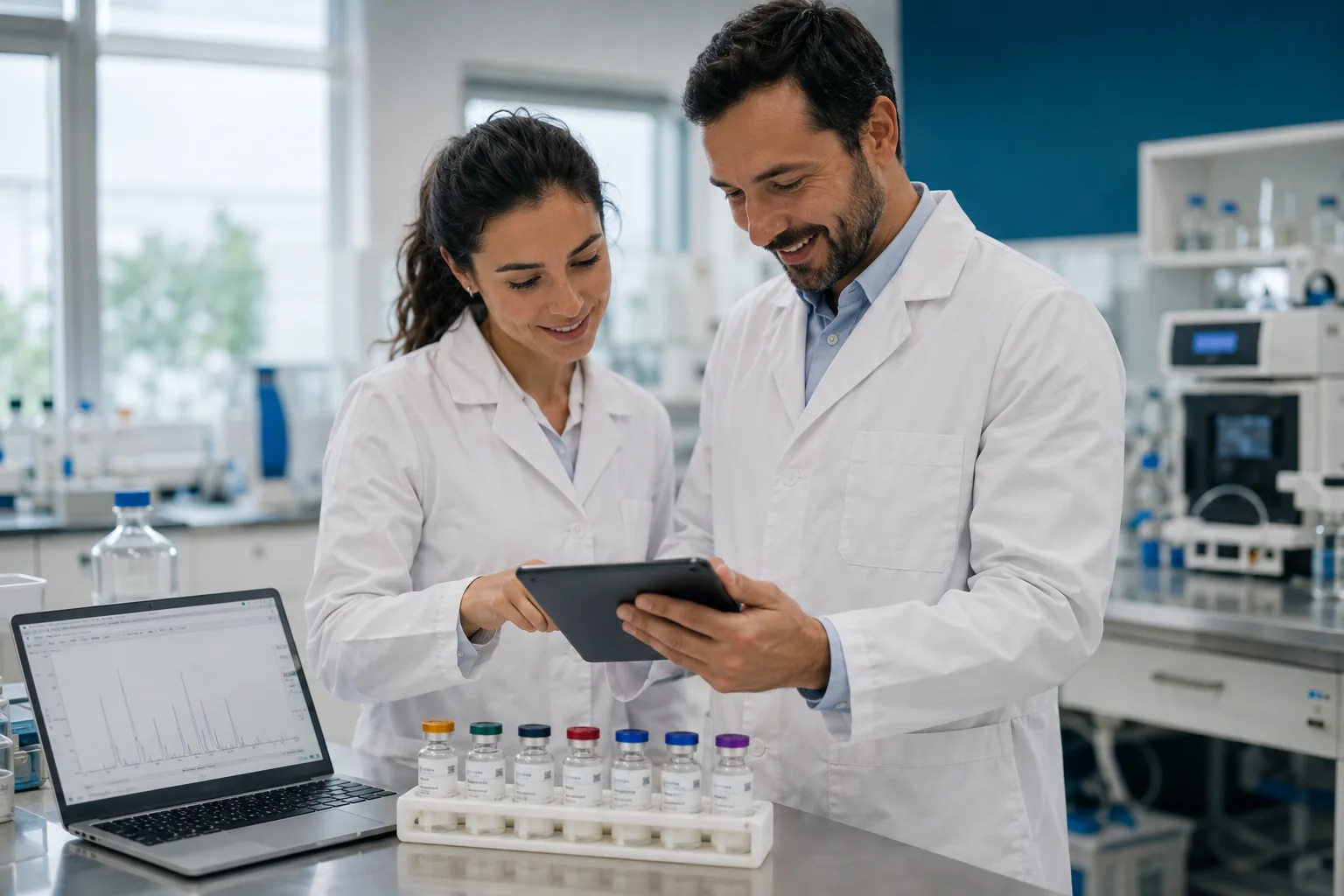 Laboratory staff reviewing analytical results beside a rack of Cytera research vials